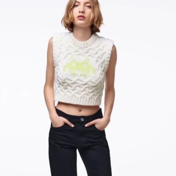 ZARA Women's Large X Space Invaders Pacman Rachatte Crew Neck Sweater Vest Crop - Picture 5 of 8